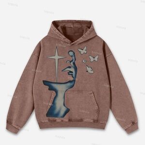 Relaxed Vintage Cross Butterfly Mix Print Graphic Casual Street Washed Hoodie